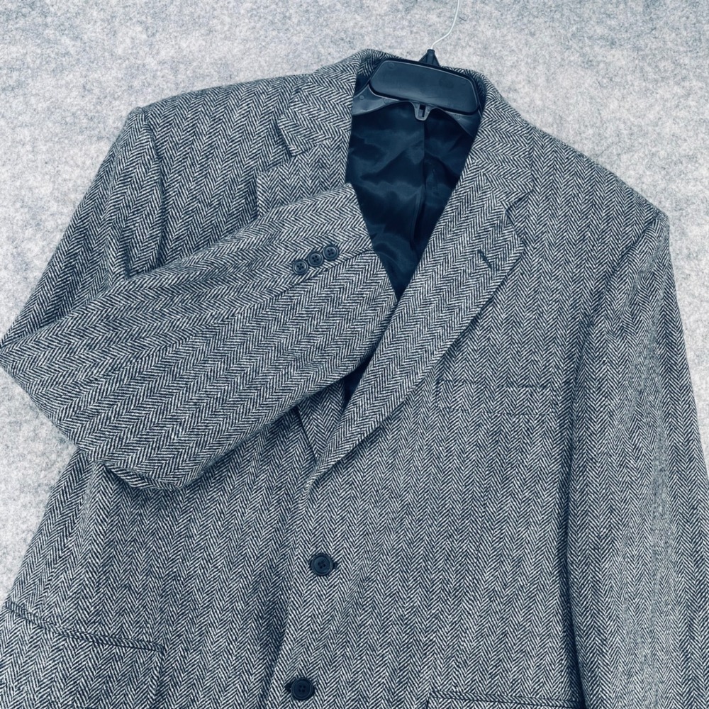 VTG Towncraft Blazer Mens 46R Grey Herringbone Wool Lambswool Blend Sport Coat